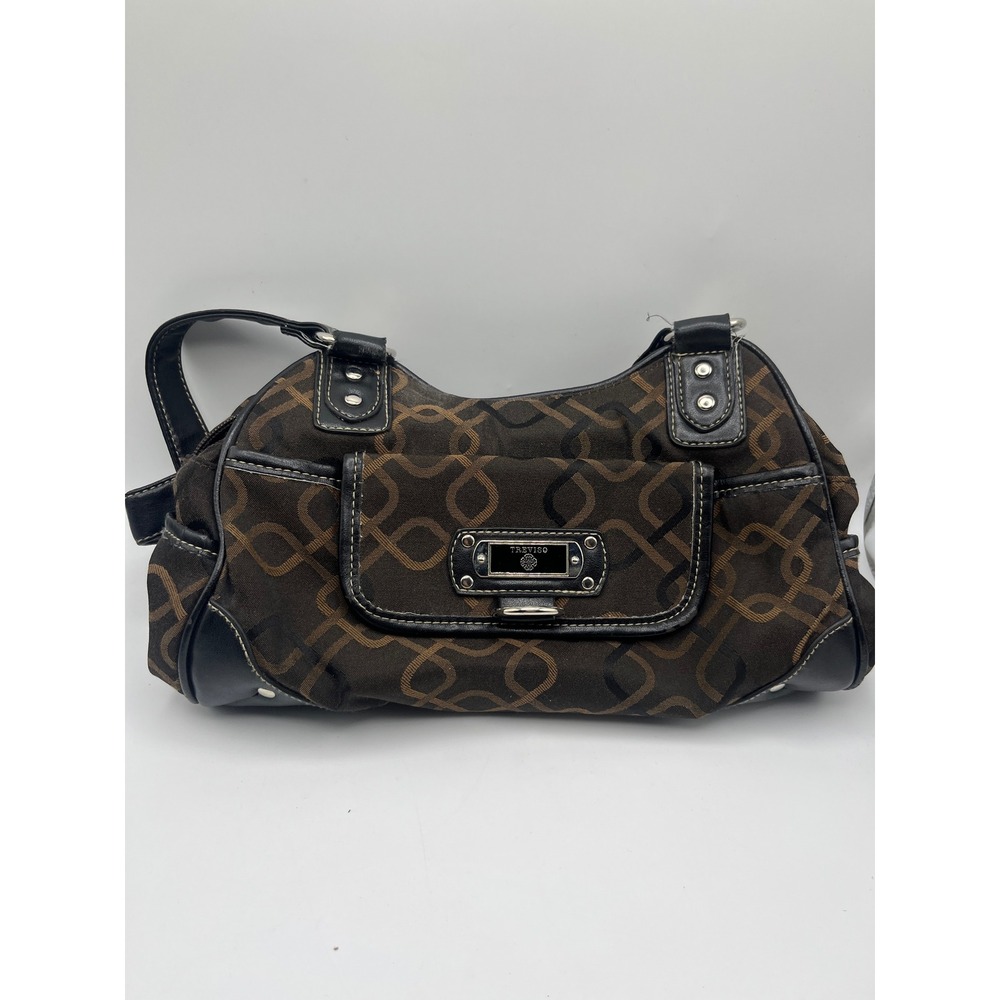 Treviso Shoulder Bag Brown Black Monogram Canvas Faux Leather Trim Handbag